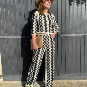 Pantalon en crochet noir et écru JULIETTE