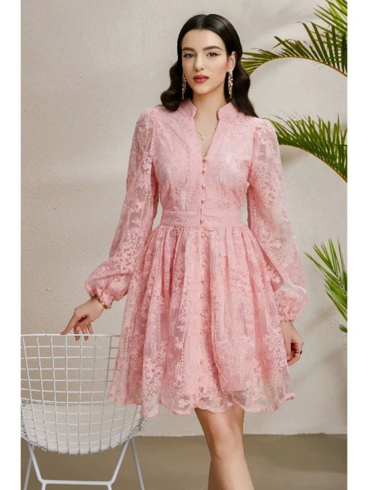Robe cocktail rose poudré dentelle – Image 2