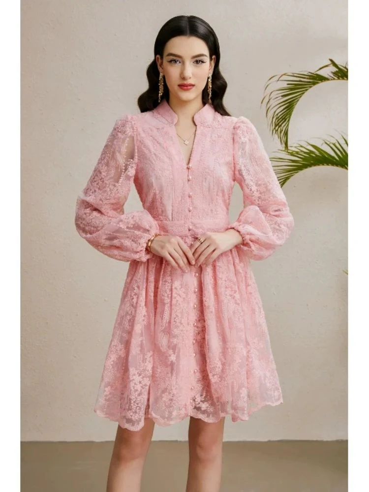 Robe cocktail rose poudré dentelle – Image 3