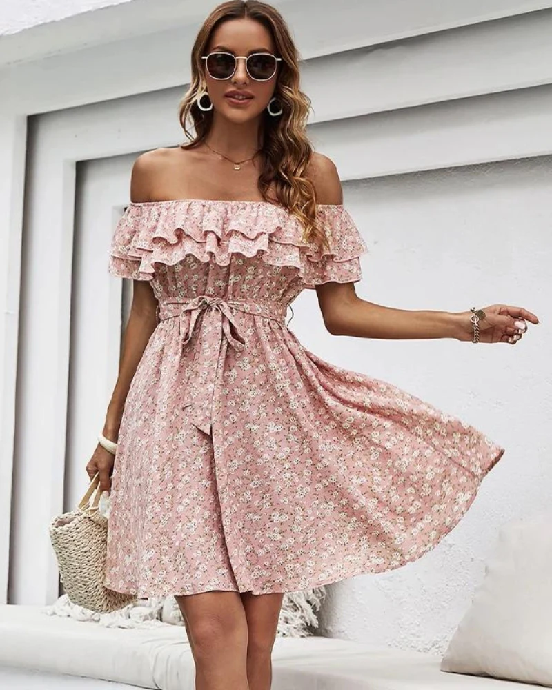 Robe épaule dénudée rose poudré – Image 5