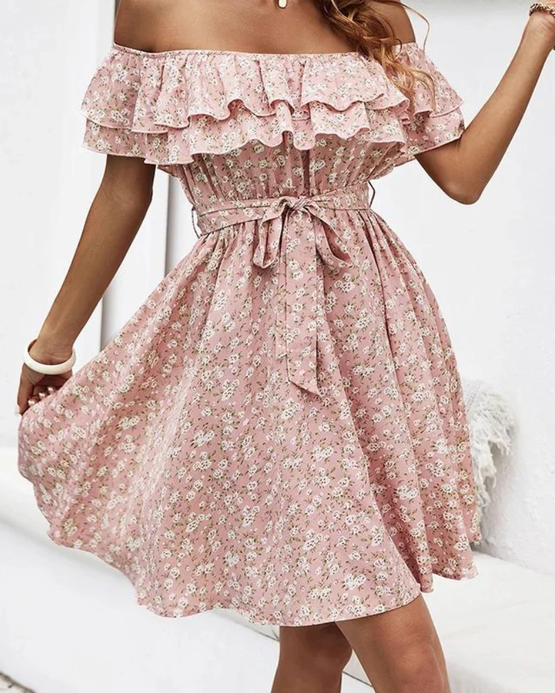 Robe épaule dénudée rose poudré – Image 3