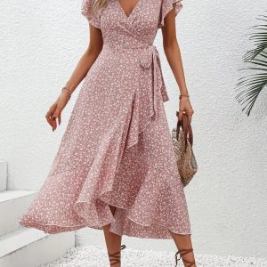 Robe longue fleurie rose poudré